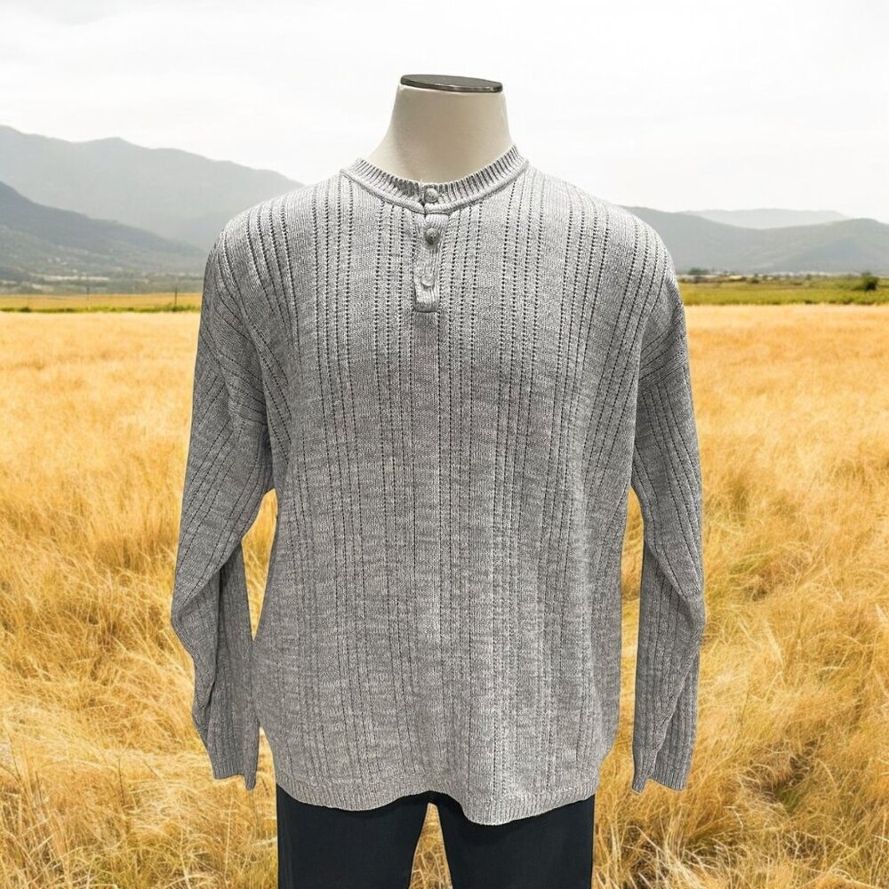 John Ashford XL Gray Cotton Henley Sweater Made In Thailand Vintage Grandpa Core